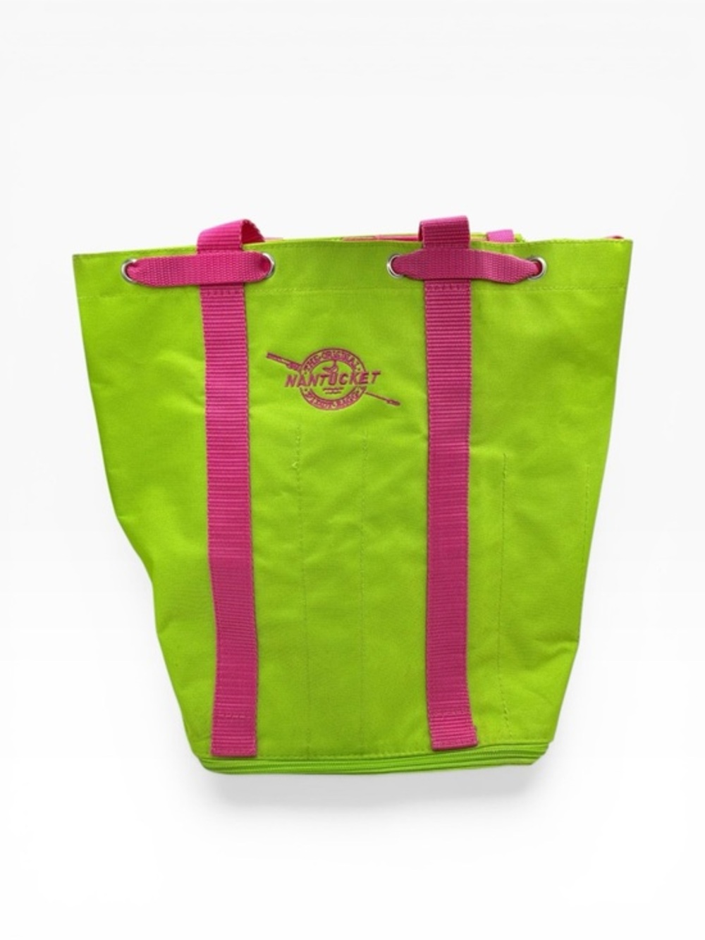 The Original Nantucket Diddy Bag neon green Tote with Pink Webbing Handles